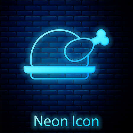 Glowing neon Roasted turkey or chicken icon isolated on brick wall background. Vectorのイラスト素材