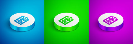 Isometric line Clipboard with medical clinical record pet icon isolated on blue, green and purple background. Health insurance form. Medical check marks report. White circle button. Vectorのイラスト素材