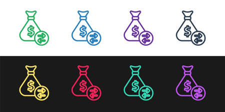 Set line Money bag icon isolated on black and white background. Dollar or USD symbol. Cash Banking currency sign. Vectorのイラスト素材