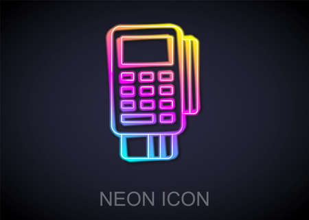 Glowing neon line POS terminal with inserted credit card and printed reciept icon isolated on black background. NFC payment concept. Vectorのイラスト素材