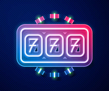 Glowing neon line Slot machine with lucky sevens jackpot icon isolated on blue background. Vectorのイラスト素材