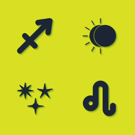 Set Sagittarius zodiac, Leo, Falling star and Eclipse of the sun icon. Vectorのイラスト素材