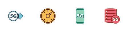 Set 5G network, Digital speed meter, Mobile with and Server icon. Vector