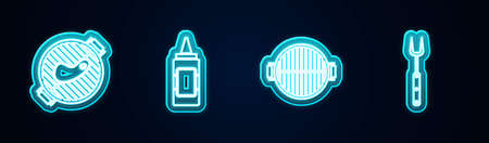 Set line Barbecue grill with steak, Mustard bottle, and fork. Glowing neon icon. Vectorのイラスト素材