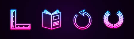 Set line Folding ruler, Open book, Refresh and Laurel wreath. Glowing neon icon. Vectorのイラスト素材