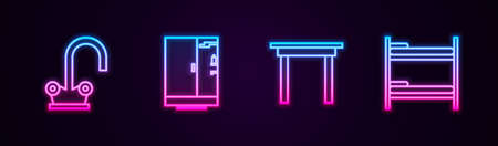 Set line Water tap, Shower cabin, Wooden table and Bunk bed. Glowing neon icon. Vectorのイラスト素材