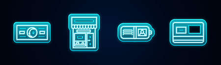 Set line Paper money cash, Shopping building or market store, Wallet and Credit card. Glowing neon icon. Vectorのイラスト素材
