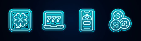 Set line Casino slot machine, Laptop and, Lucky wheel on phone and chip with dollar. Glowing neon...