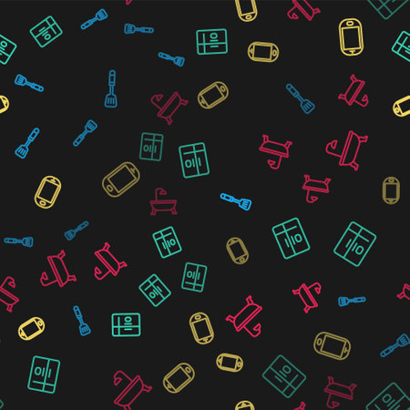Set line Spatula, Refrigerator, Mobile phone and Bathtub on seamless pattern. Vectorのイラスト素材