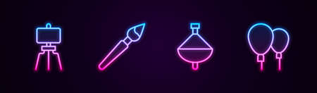 Set line Wood easel, Paint brush, Whirligig toy and Balloons. Glowing neon icon. Vectorのイラスト素材
