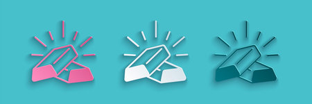 Paper cut Gold bars icon isolated on blue background. Banking business concept. Paper art style....