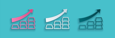Paper cut Finance growth chart arrow with gold bars icon isolated on blue background. Financial...