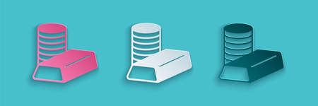 Paper cut Gold coin with gold bars icon isolated on blue background. Banking currency sign. Cash symbol. Paper art style. Vectorのイラスト素材