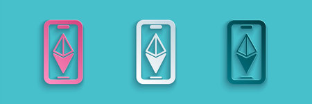 Paper cut Cryptocurrency coin Ethereum ETH icon isolated on blue background. Altcoin symbol....
