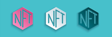 Paper cut NFT Digital crypto art icon isolated on blue background. Non fungible token. Paper art...
