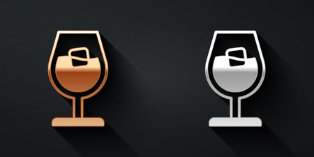 Gold and silver Wine glass icon isolated on black background. Wineglass sign. Long shadow style. Vectorのイラスト素材