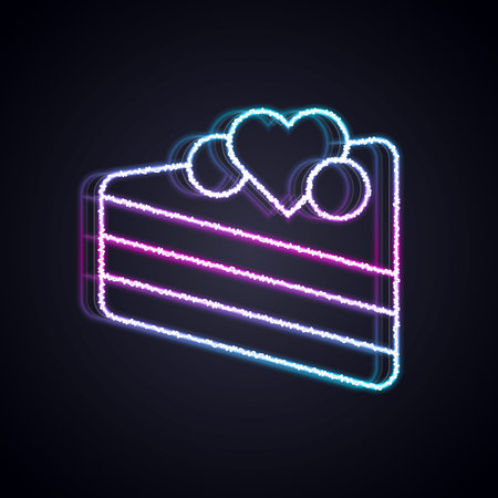Glowing neon line Wedding cake with heart icon isolated on black background. Happy Valentines day....
