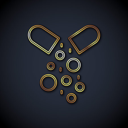 Gold line Poisoned pill icon isolated on black background. Pill with toxin. Dangerous drug. Vectorのイラスト素材
