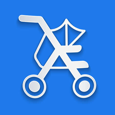 Paper cut Baby stroller icon isolated on blue background. Baby carriage, buggy, pram, stroller, wheel. Paper art style. Vectorのイラスト素材