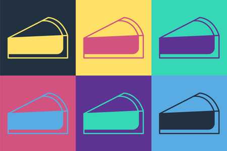 Pop art Cherry cheesecake slice with fruit topping icon isolated on color background. Vector