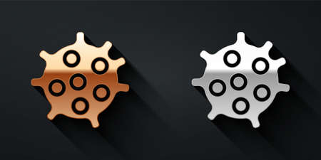 Gold and silver Bacteria icon isolated on black background. Bacteria and germs, microorganism disease causing, cell cancer, microbe, virus, fungi. Long shadow style. Vectorのイラスト素材