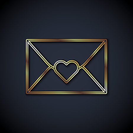 Gold line Envelope with Valentine heart icon isolated on black background. Message love. Letter love...