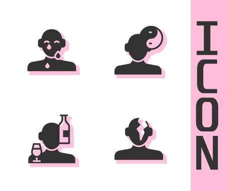 Set Solution problem in psychology, Tear cry eye, Alcoholism and Yin Yang symbol icon. Vectorのイラスト素材