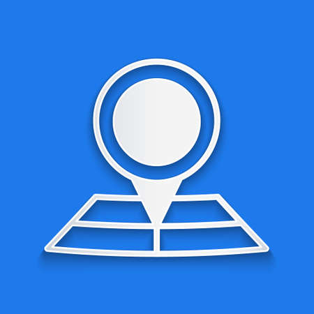 Paper cut Folded map with location marker icon isolated on blue background. Paper art style. Vectorのイラスト素材