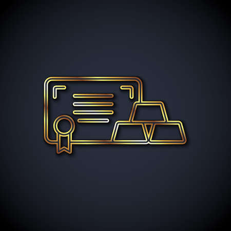 Gold line Gold bars with certificate icon isolated on black background. Banking business concept. Vectorのイラスト素材