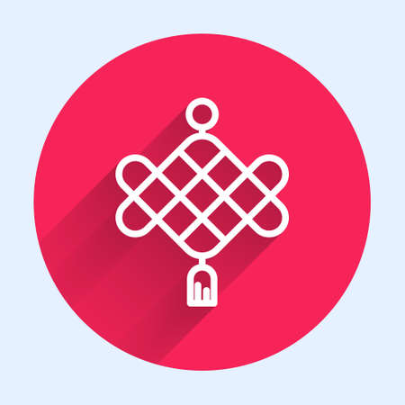White line Chinese paper lantern icon isolated with long shadow background. Red circle button. Vectorのイラスト素材