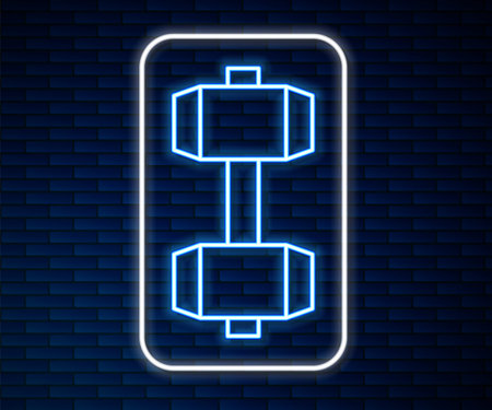 Glowing neon line Dumbbell icon isolated on brick wall background. Muscle lifting, fitness barbell, sports equipment. Vectorのイラスト素材