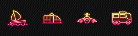 Set line Plane, Yacht sailboat, Tram and railway and Bus. Glowing neon icon. Vectorのイラスト素材