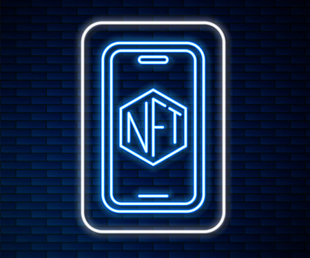 Glowing neon line Mobile with art store app icon isolated on brick wall background. Technology of selling NFT tokens for cryptocurrency. Non fungible token. Vectorのイラスト素材