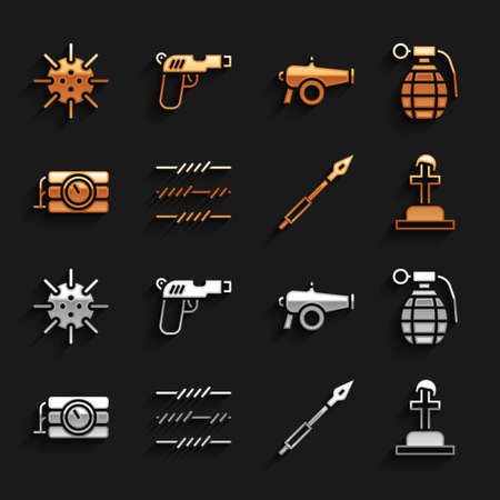 Set Barbed wire, Hand grenade, Soldier grave, Medieval spear, Dynamite timer clock, Cannon, Naval mine and Pistol or gun icon. Vectorのイラスト素材