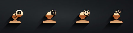 Set Male doctor, Solution problem in psychology, Insomnia and Dreams icon with long shadow. Vector