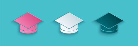 Paper cut Graduation cap icon isolated on blue background. Graduation hat with tassel icon. Paper art style. Vectorのイラスト素材