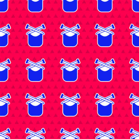 Blue Knitting icon isolated seamless pattern on red background. Wool emblem with knitted fabric and needle. Label for hand made, knitting or tailor shop. Vectorのイラスト素材