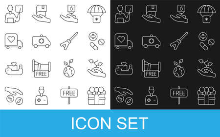 Set line Gift box, Volunteer team planting trees, Medicine pill or tablet, Blood donation, Emergency car, Delivery truck with heart, Teacher and Mop icon. Vectorのイラスト素材