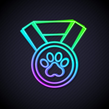 Glowing neon line Pet award symbol icon isolated on black background. Badge with dog or cat paw print and ribbons. Medal for animal. Vectorのイラスト素材