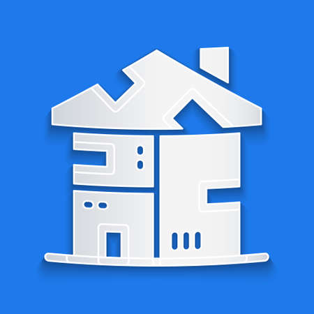 Paper cut Homeless cardboard house icon isolated on blue background. Paper art style. Vectorのイラスト素材