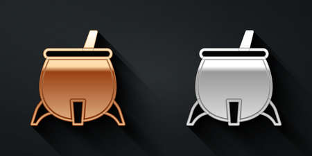 Gold and silver Witch cauldron icon isolated on black background. Happy Halloween party. Long shadow style. Vectorのイラスト素材