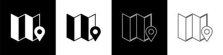 Set Folded map with location marker icon isolated on black and white background. Vectorのイラスト素材