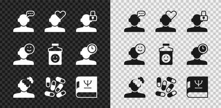 Set Online psychological counseling, Broken heart or divorce, Closed personality, Solution problem psychology, Medicine pill tablet, Psychology book, Good mood and Antidepressants icon. Vectorのイラスト素材