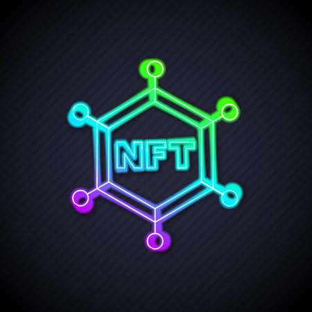 Glowing neon line NFT blockchain technology icon isolated on black background. Non fungible token. Digital crypto art concept. Vectorのイラスト素材