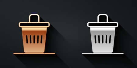 Gold and silver Trash can icon isolated on black background. Garbage bin sign. Recycle basket icon. Office trash icon. Long shadow style. Vectorのイラスト素材