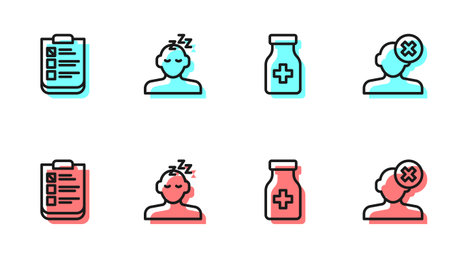 Set line Sedative pills, Psychological test, Dreams and Solution problem in psychology icon. Vectorのイラスト素材