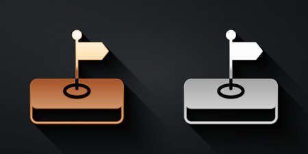 Gold and silver Flag icon isolated on black background. Location marker symbol. Long shadow style. Vectorのイラスト素材