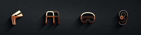 Set Bone pain, Walker, Eye sleep mask and Hearing aid icon with long shadow. Vector