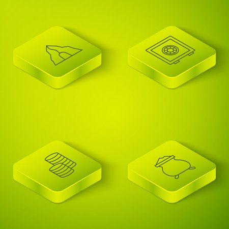 Set Isometric line Safe, Gold coin money, Molten gold being poured and mine icon. Vectorのイラスト素材