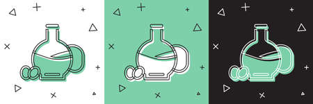 Set Bottle of olive oil icon isolated on white and green, black background. Jug with olive oil icon. Vectorのイラスト素材